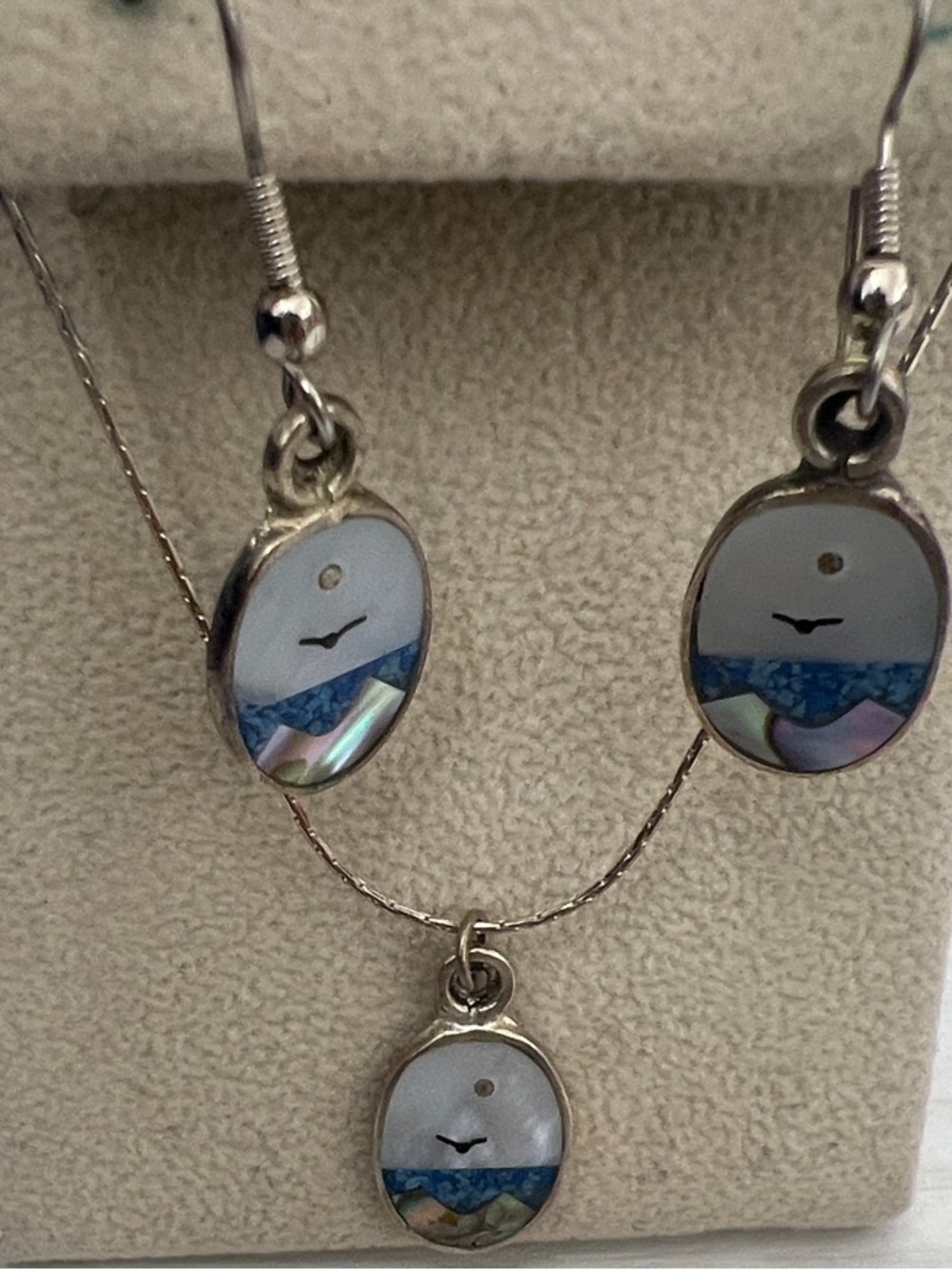 Abalone Inlay Drop Earrings & 925 Sterling necklaces with Blue-Green pendant.